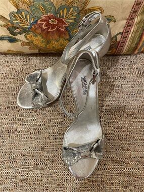 Michael Kors Silver Sequin Bow Ankle Strap Heels